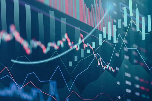 Financial stock market graph. Selective focus. Depicts TradingView financial market chart.