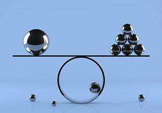 Balance board on blue background with chrome spheres and reflections.