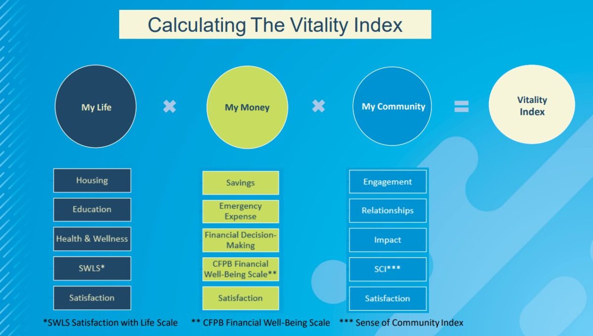 The formula for measuring Blue FCU’s Vitality Index combines a multitude of financial health factors, such as housing security, emergency savings, and community engagement.