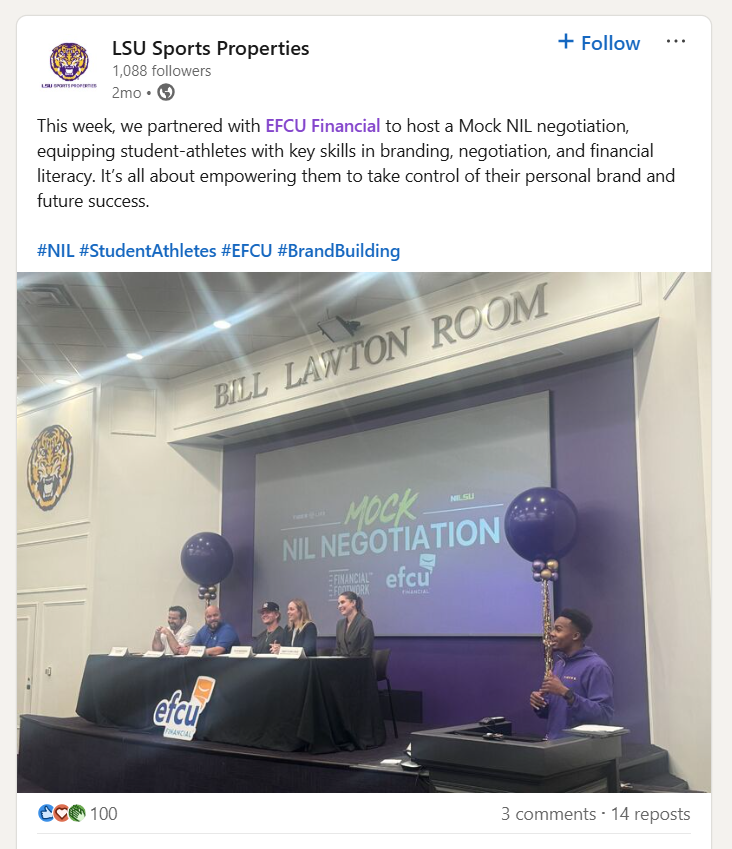 LSU Sports Properties coordinated the mock negotiation for student-athletes interested in learning more about NIL. Representatives from EFCU Financial played the role of sponsor, reviewing details such as what they expected from their fictional athlete and answering questions from the audience.