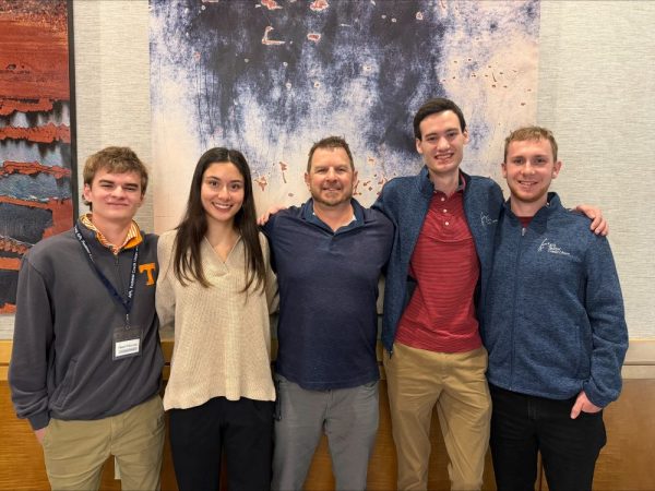 APL FCU's 2026 junior associate volunteers. From left: Aidan O’Connor, Monique Diaz-Mackey, APL FCU Board Treasurer Brian O’Connor, Jake Baldwin, and Thomas Armes.