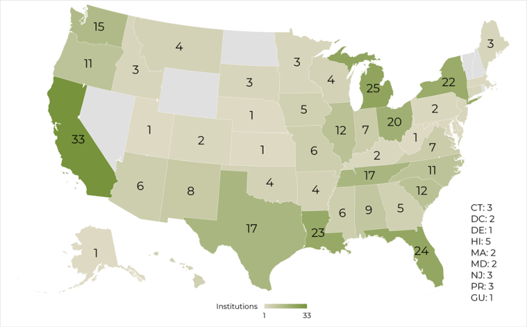 Map of the United States showing the number of CDFI‑designated credit unions in each state.