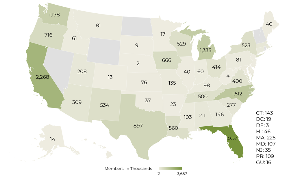 U.S. map showing the number of members served by CDFI‑designated credit unions in each state.