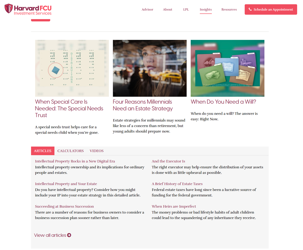 Screenshot of Harvard FCU’s estate planning resource center featuring articles and educational tools for members and their families.