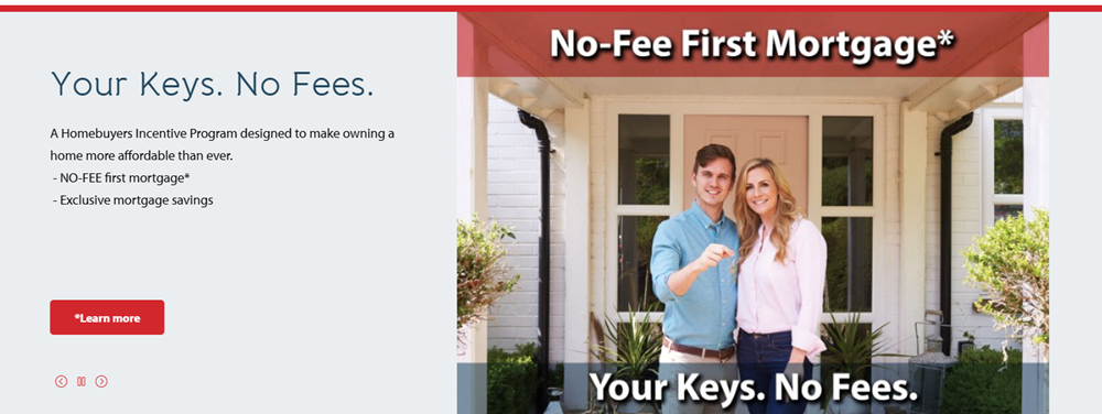A promotional graphic for 7 17's credit union affordable housing program highlighting a no-fee mortgage and a couple standing in front of a home.