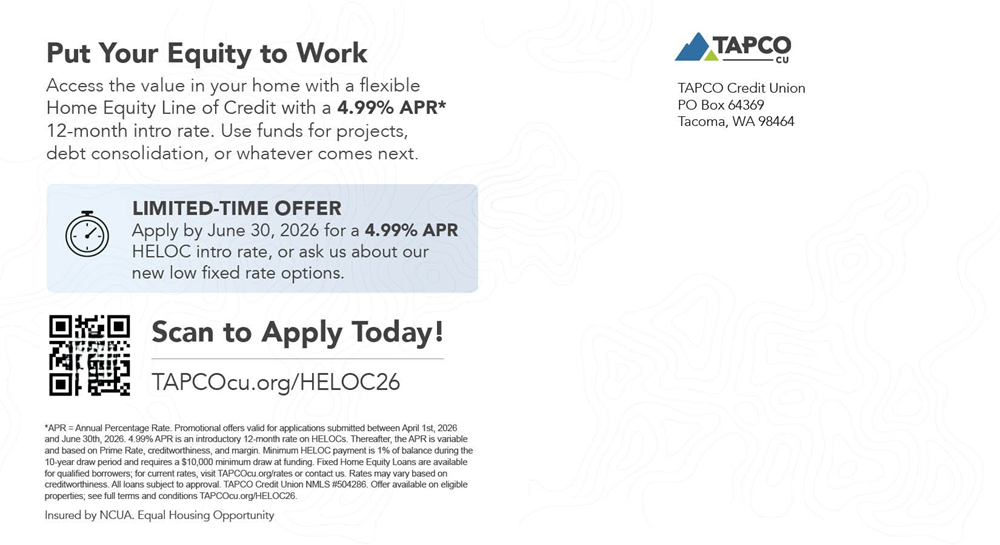 Direct mail postcard promoting TAPCO Credit Union's HELOC with a QR code and 4.99% intro rate.