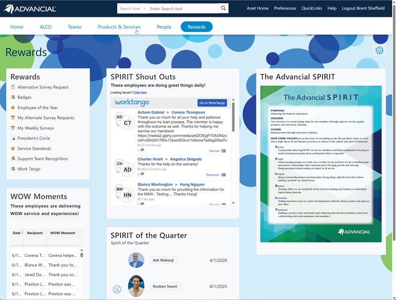Advancial FCU's employee intranet allows staff to access resources, recognize coworkers, and view WOW service experiences.