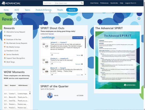 Advancial FCU's employee intranet allows staff to access resources, recognize coworkers, and view WOW service experiences.